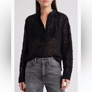 Treasure & Bond Band Collar Lace Button Up Shirt